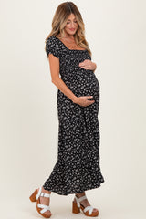 Black Floral Smocked Puff Sleeve Maternity Maxi Dress