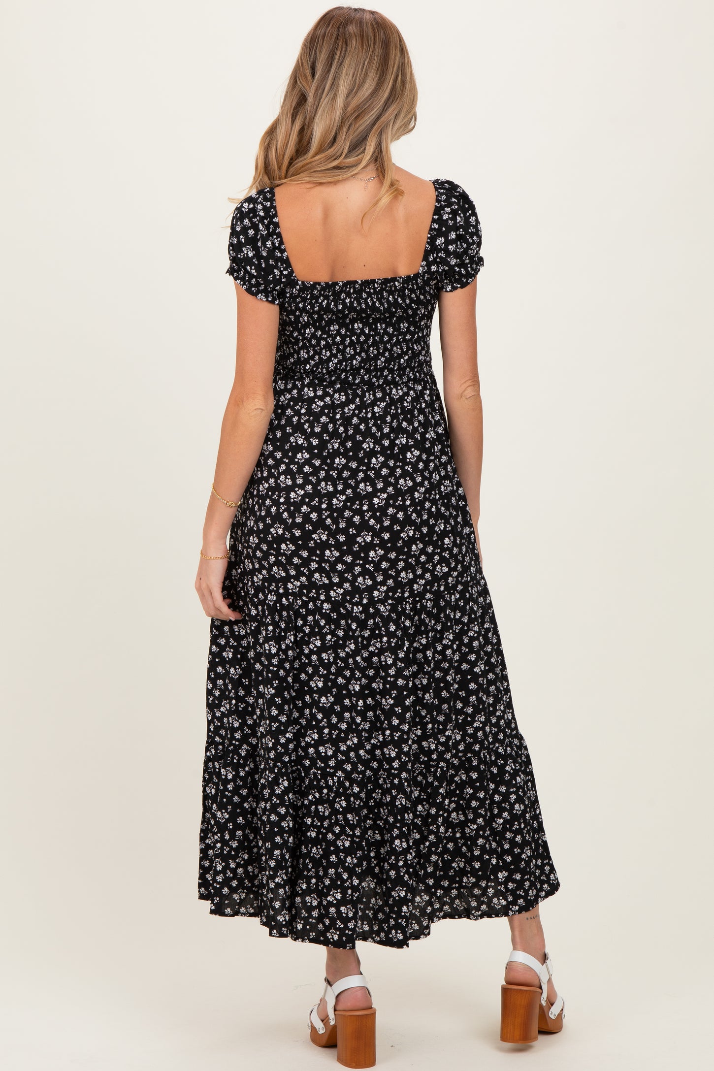 Black Floral Smocked Puff Sleeve Maternity Maxi Dress