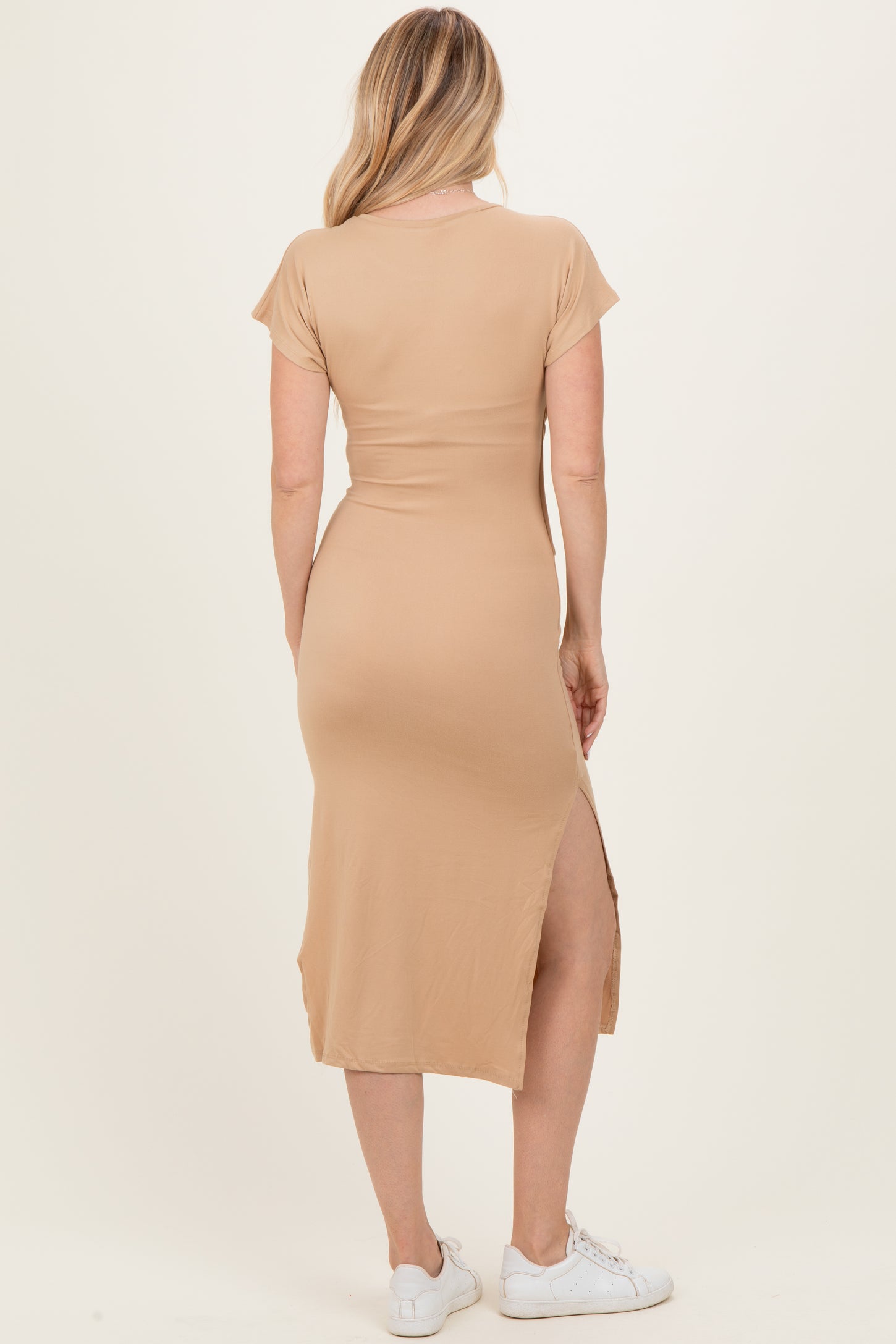 Camel Waist Tie Short Sleeve Side Slit Dress