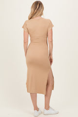 Camel Waist Tie Short Sleeve Side Slit Dress