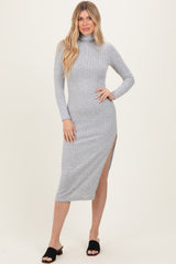 Light Grey Ribbed Knit Turtleneck Side Slit Dress