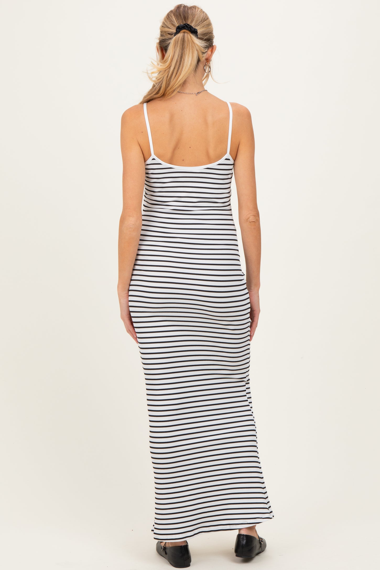 White Ribbed Knit Striped Sleeveless Maternity Maxi Dress