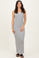 White Ribbed Knit Striped Sleeveless Maxi Dress