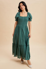 Forest Green Smocked Button Down Maxi Dress
