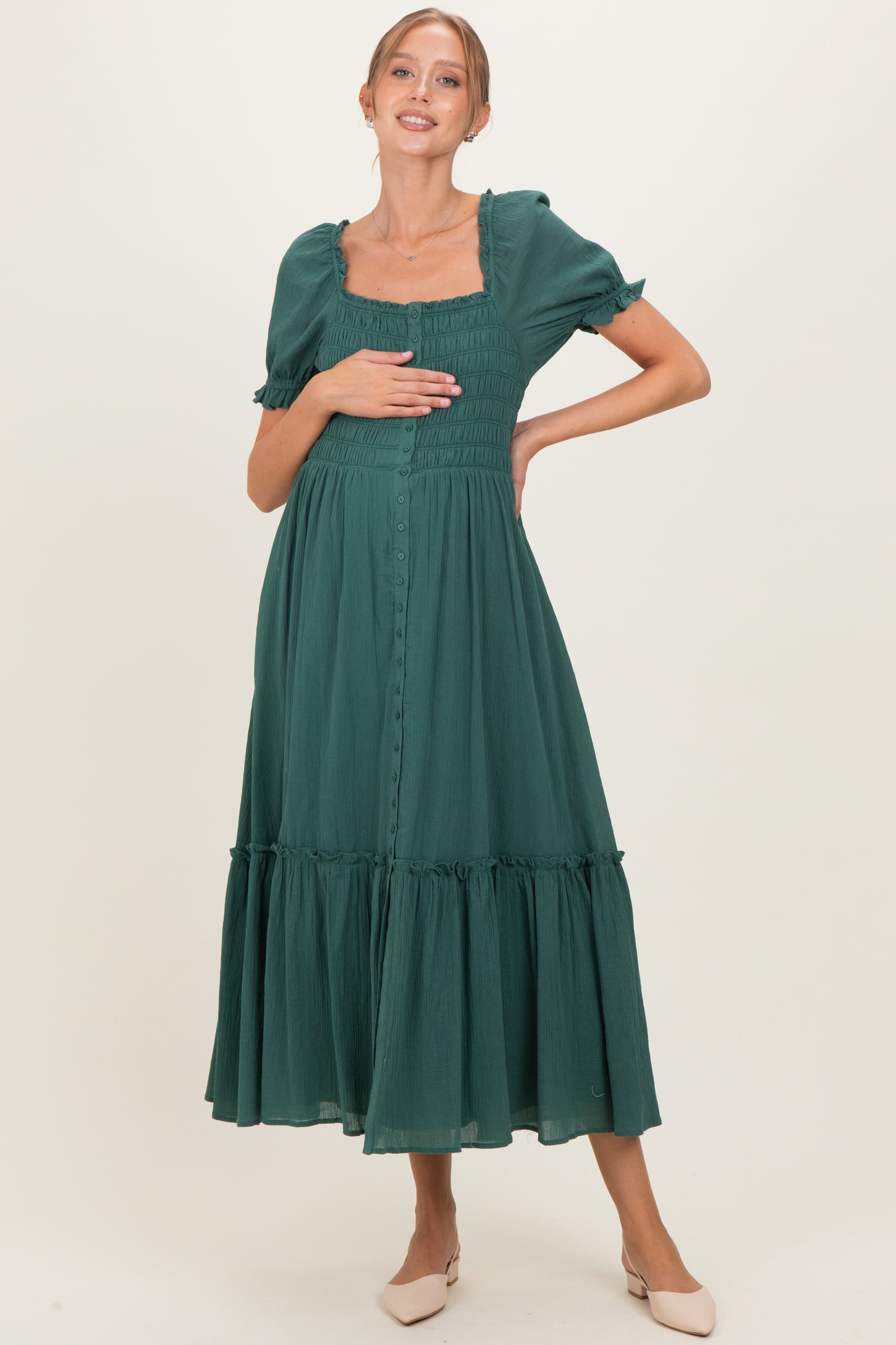 Forest Green Smocked Button Down Maternity Maxi Dress