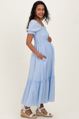 Light Blue Smocked Button Down Maternity Maxi Dress