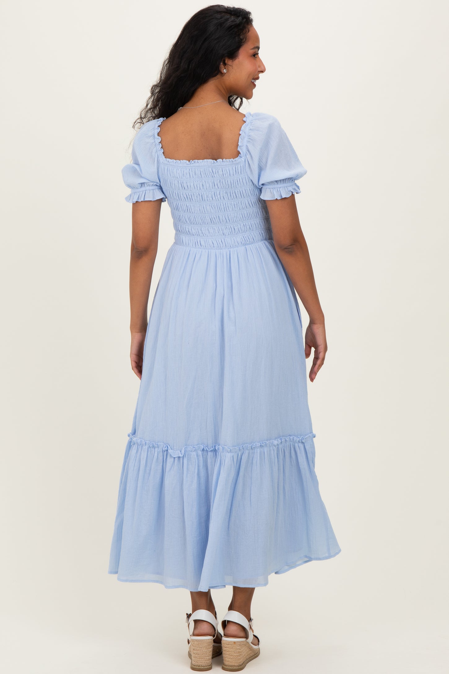Light Blue Smocked Button Down Maternity Maxi Dress