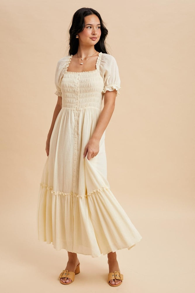 Light Yellow Smocked Button Down Maternity Maxi Dress
