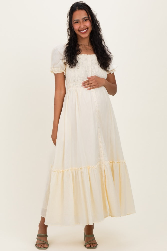 Light Yellow Smocked Button Down Maternity Maxi Dress