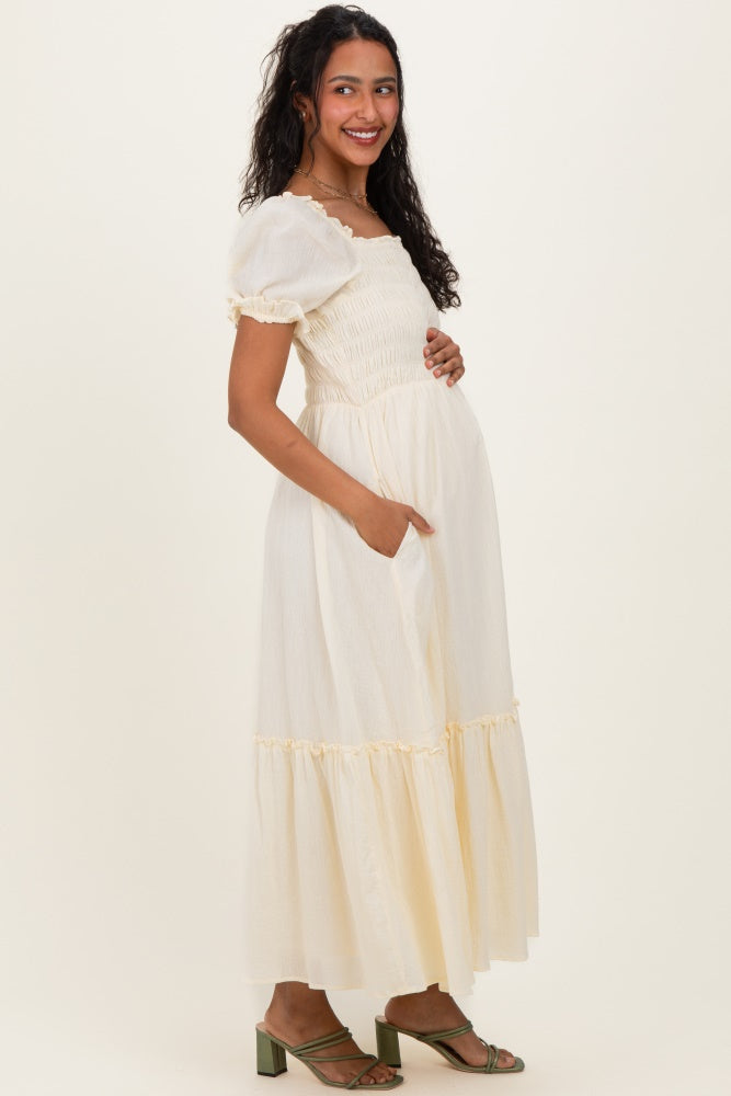 Light Yellow Smocked Button Down Maternity Maxi Dress