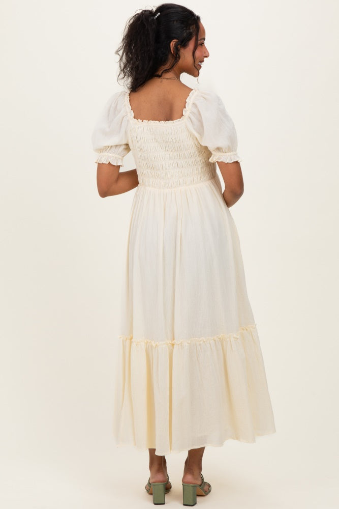 Light Yellow Smocked Button Down Maternity Maxi Dress