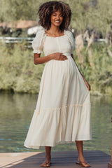 Light Yellow Smocked Button Down Maternity Maxi Dress
