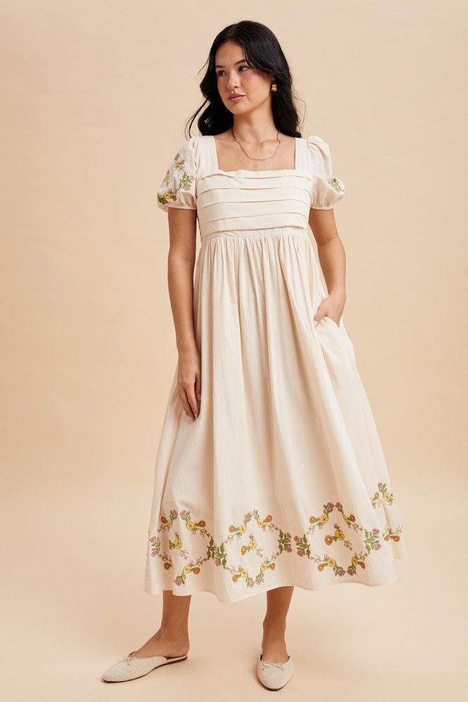 Creme Embroidered Floral Pleated Bodice Maternity Maxi Dress