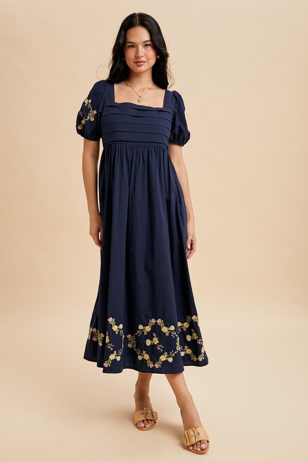 Navy Embroidered Floral Pleated Bodice Maternity Maxi Dress