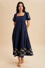 Navy Embroidered Floral Pleated Bodice Maxi Dress