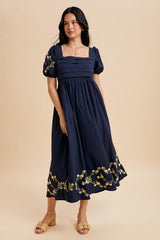 Navy Embroidered Floral Pleated Bodice Maxi Dress