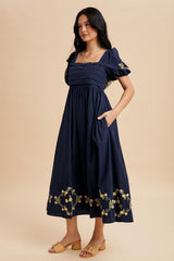 Navy Embroidered Floral Pleated Bodice Maxi Dress