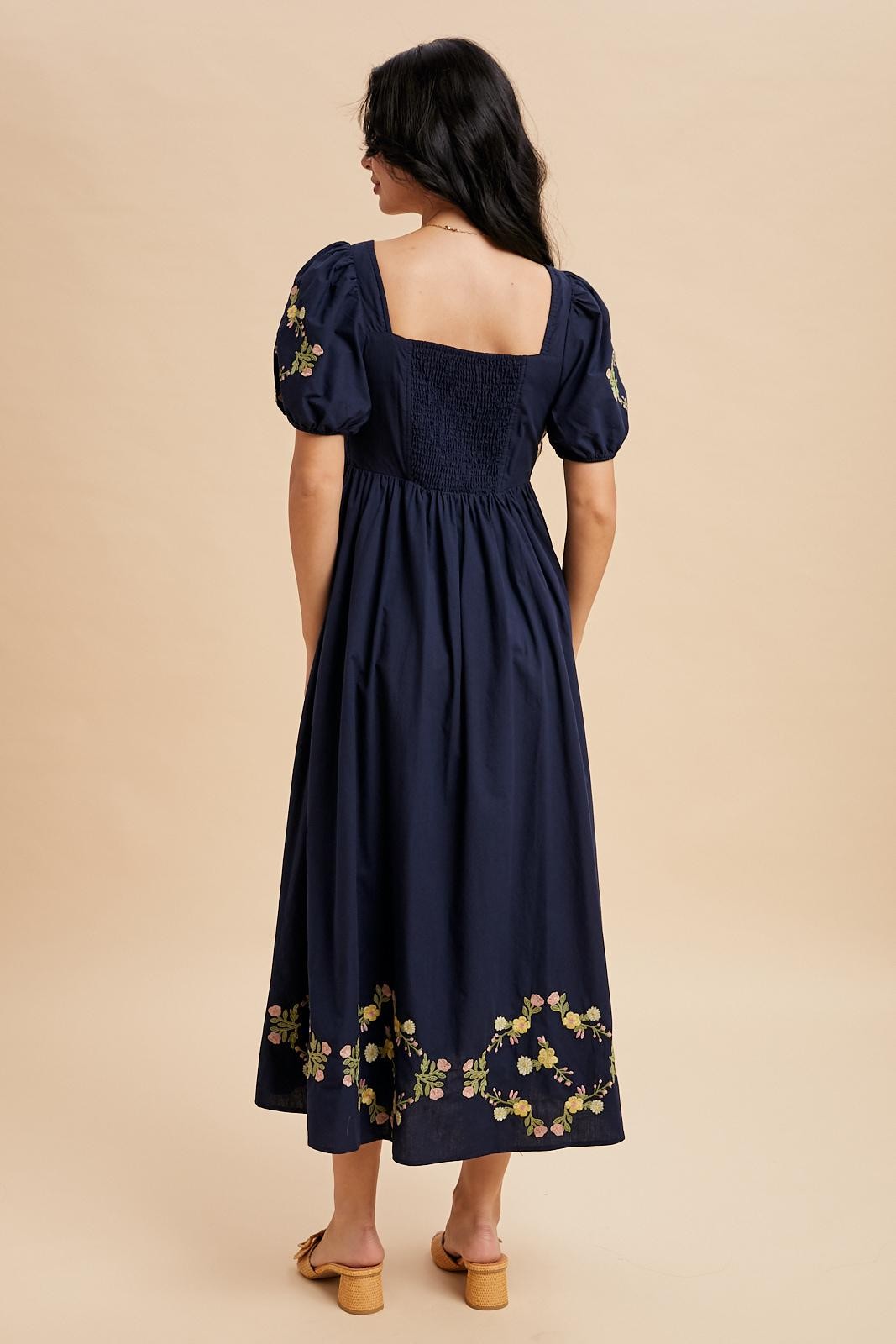 Navy Embroidered Floral Pleated Bodice Maxi Dress