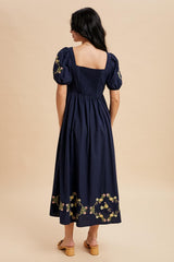 Navy Embroidered Floral Pleated Bodice Maxi Dress