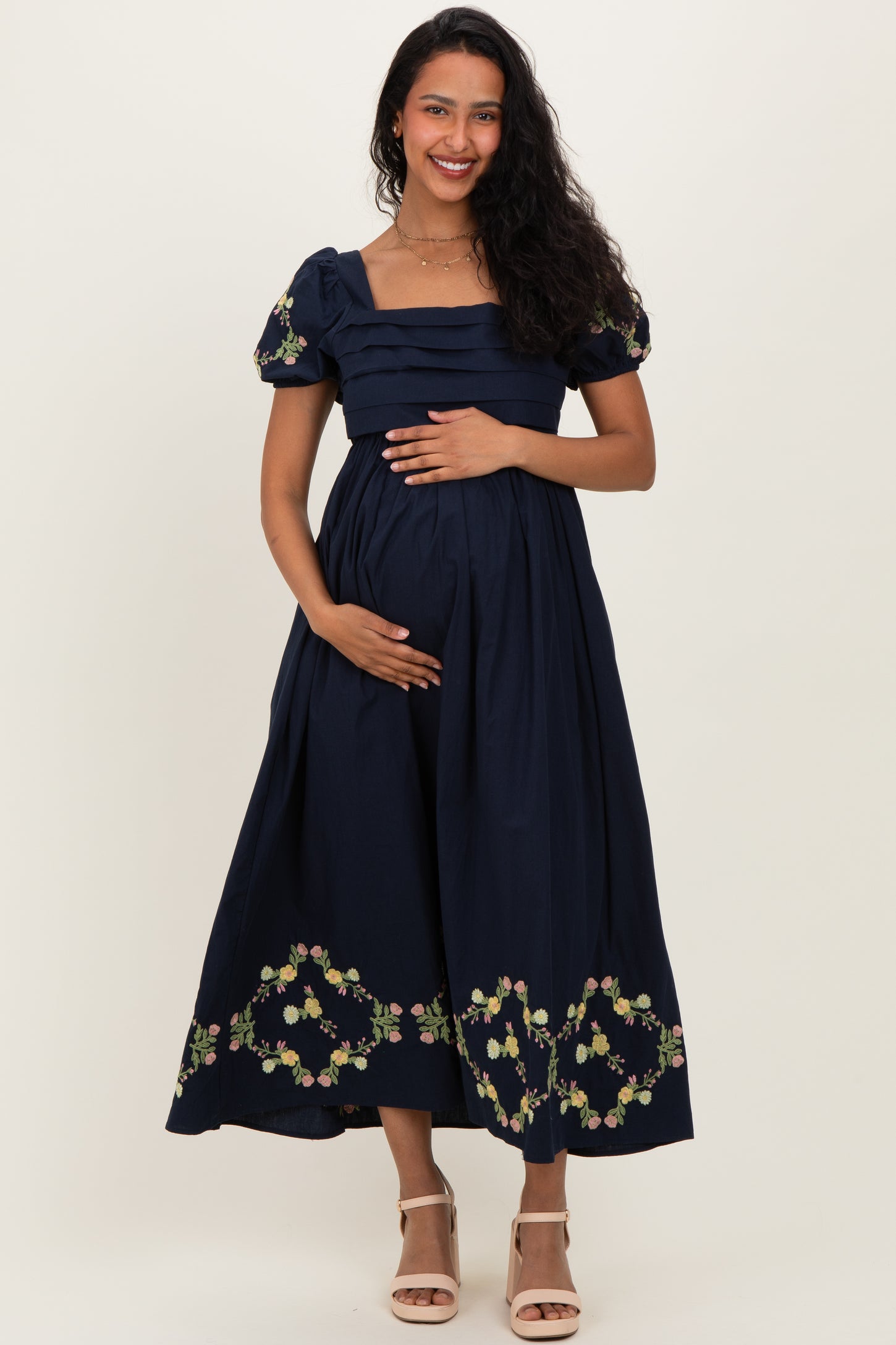 Navy Embroidered Floral Pleated Bodice Maternity Maxi Dress