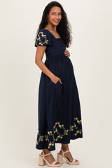 Navy Embroidered Floral Pleated Bodice Maternity Maxi Dress
