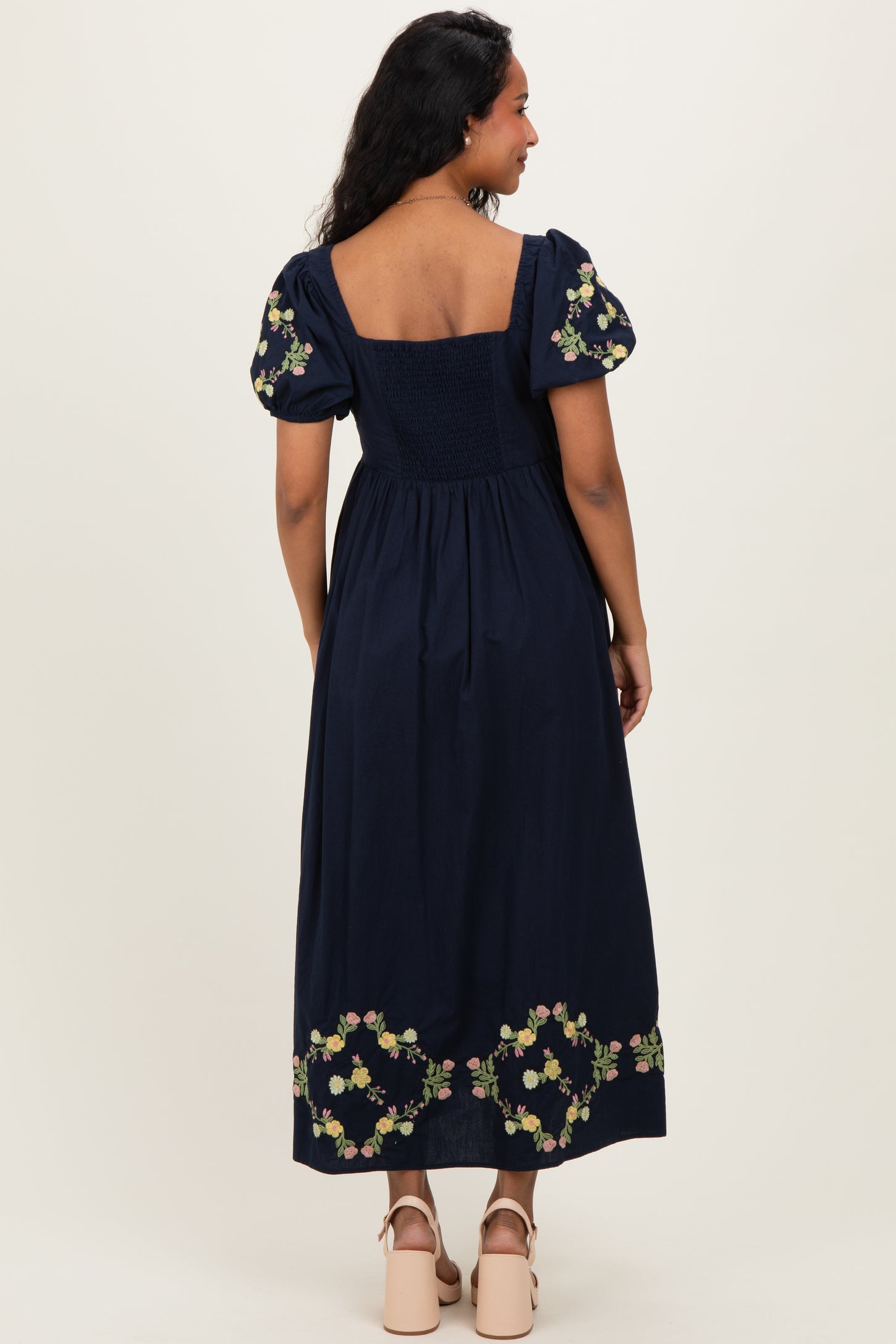 Navy Embroidered Floral Pleated Bodice Maternity Maxi Dress