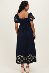 Navy Embroidered Floral Pleated Bodice Maternity Maxi Dress