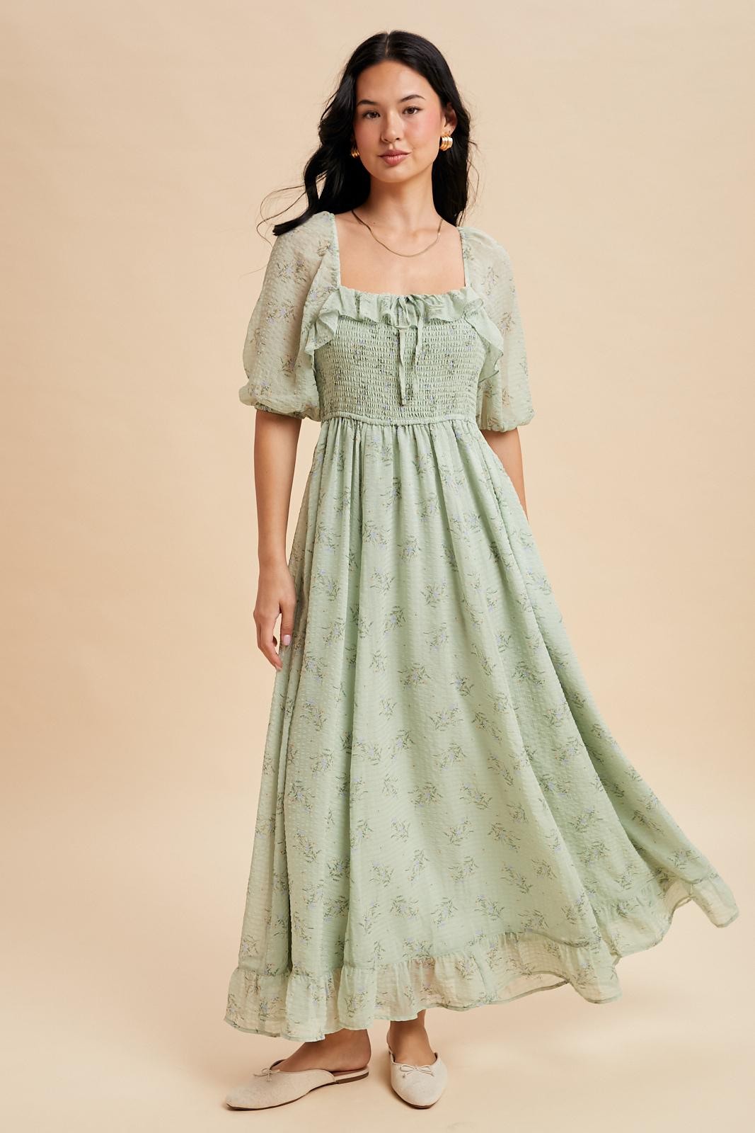 Sage Floral Chiffon Smocked Ruffle Maxi Dress