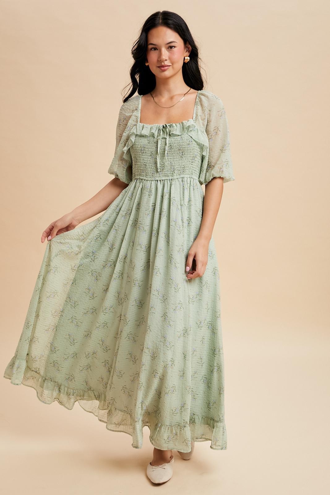 Sage Floral Chiffon Smocked Ruffle Maxi Dress
