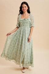 Sage Floral Chiffon Smocked Ruffle Maxi Dress