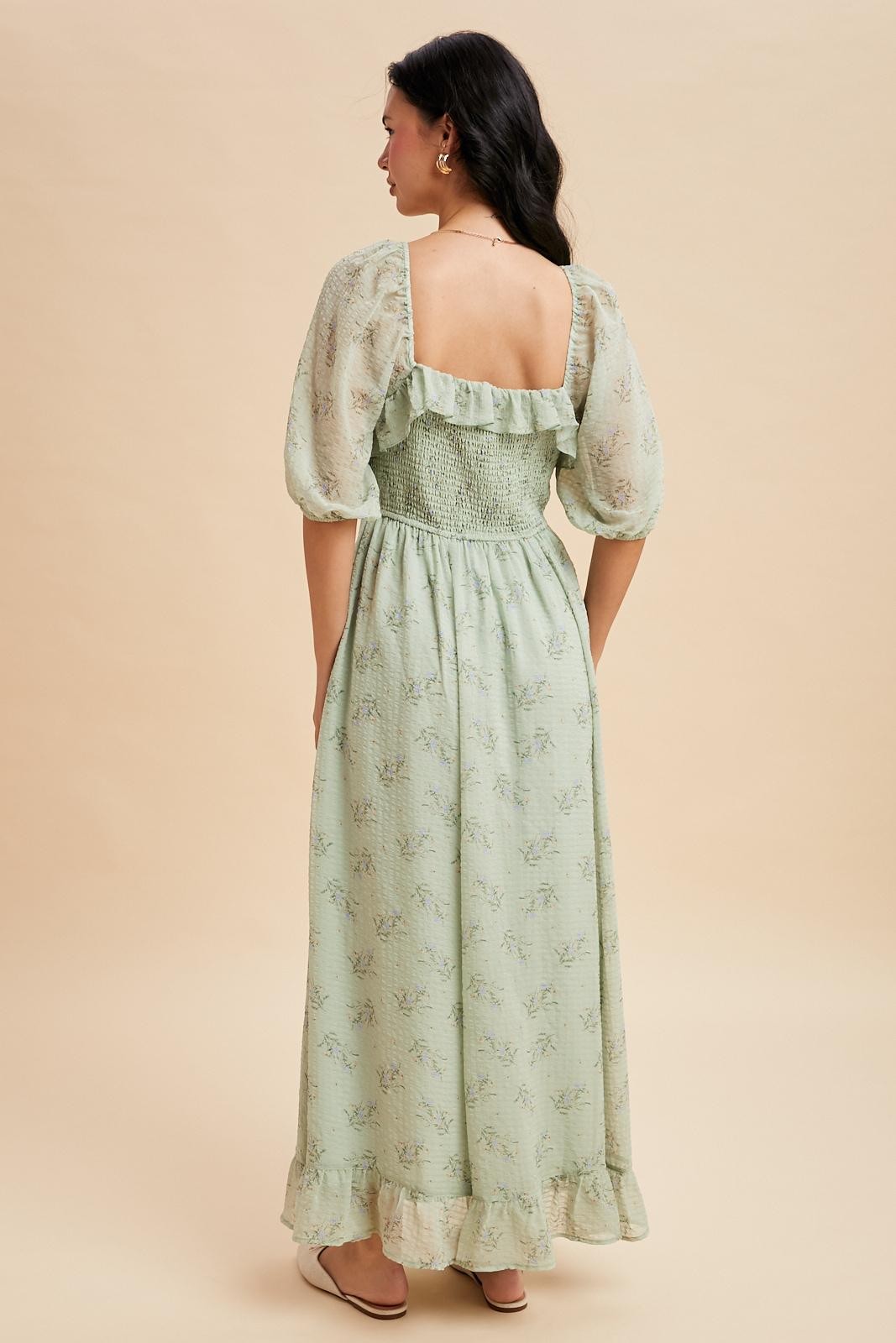 Sage Floral Chiffon Smocked Ruffle Maxi Dress