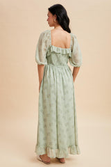 Sage Floral Chiffon Smocked Ruffle Maxi Dress