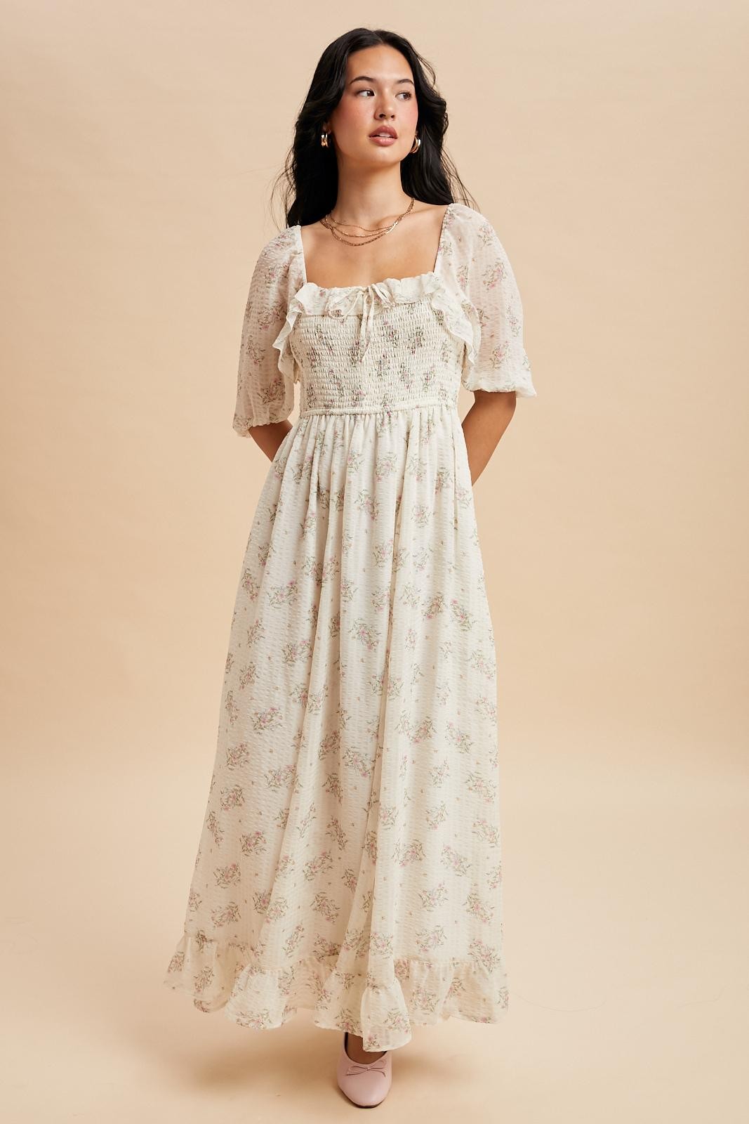 Creme Floral Chiffon Smocked Ruffle Maxi Dress