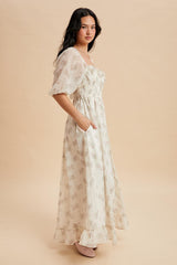 Creme Floral Chiffon Smocked Ruffle Maxi Dress