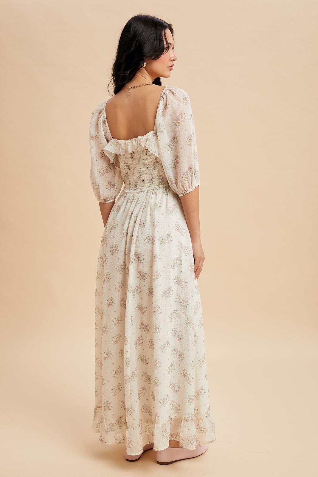 Creme Floral Chiffon Smocked Ruffle Maxi Dress