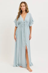 Light Blue Button Down Deep V-Neck Maxi Dress