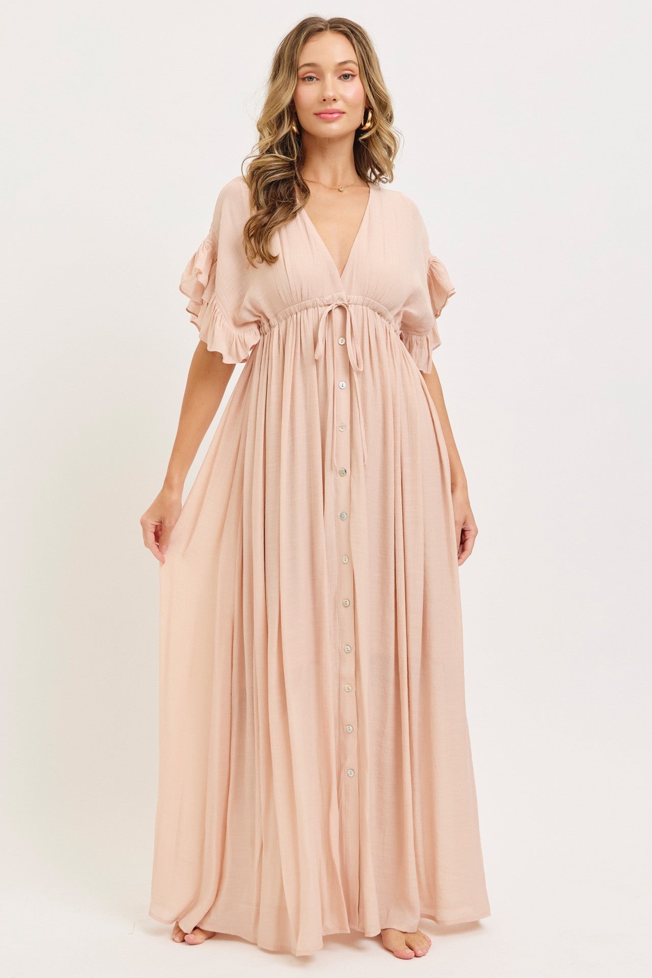 Light Pink Button Down Deep V-Neck Maternity Maxi Dress