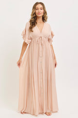 Light Pink Button Down Deep V-Neck Maternity Maxi Dress