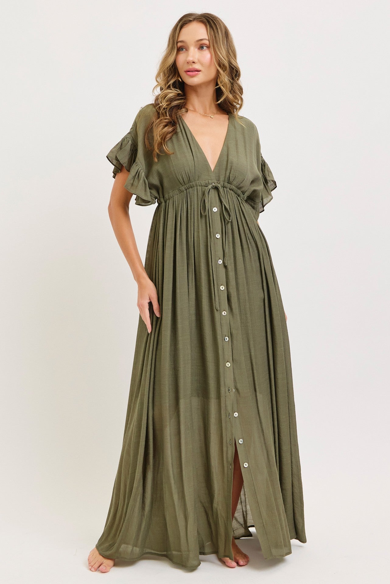 Olive Button Down Deep V-Neck Maternity Maxi Dress