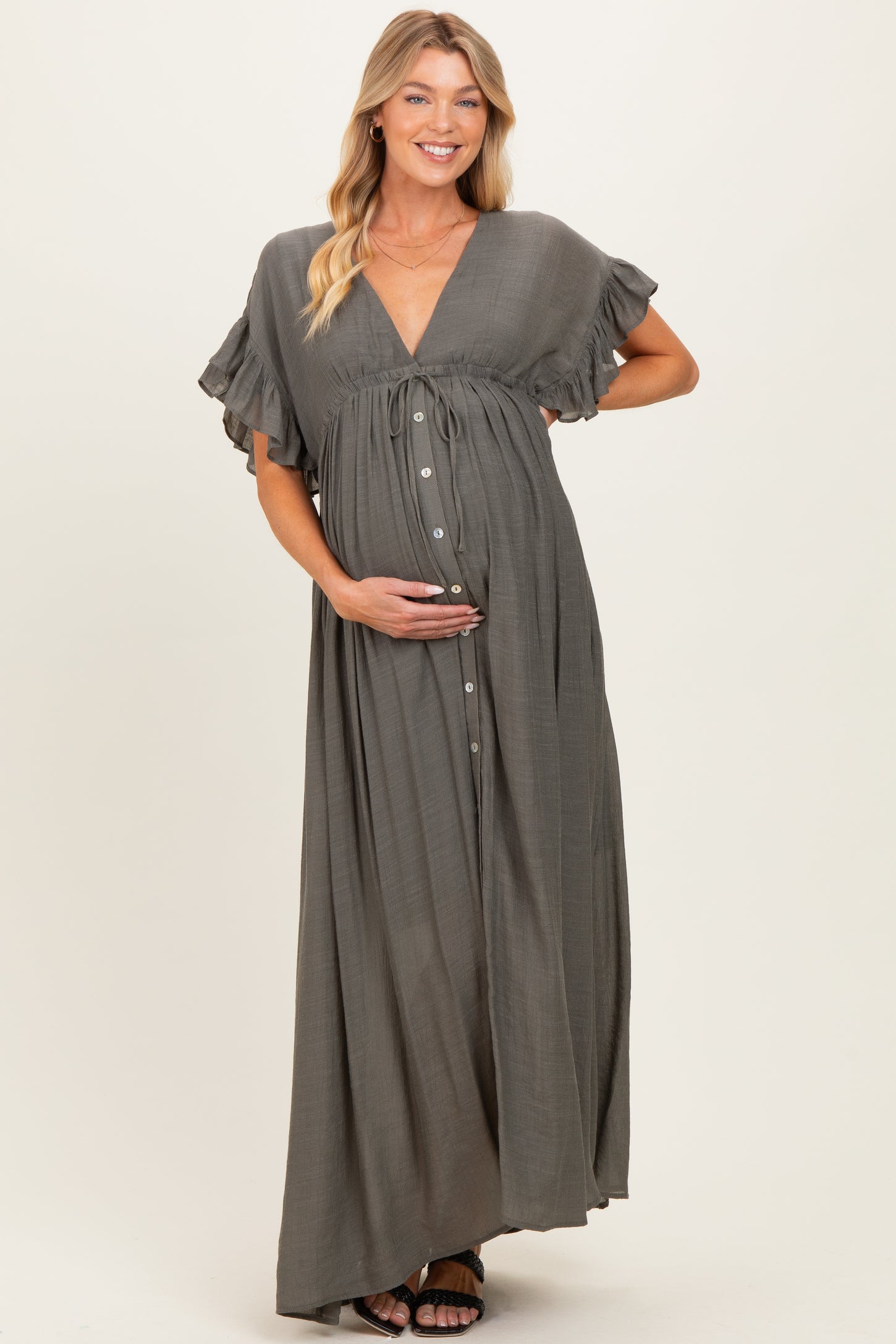 Olive Button Down Deep V-Neck Maternity Maxi Dress