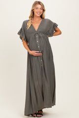 Olive Button Down Deep V-Neck Maternity Maxi Dress