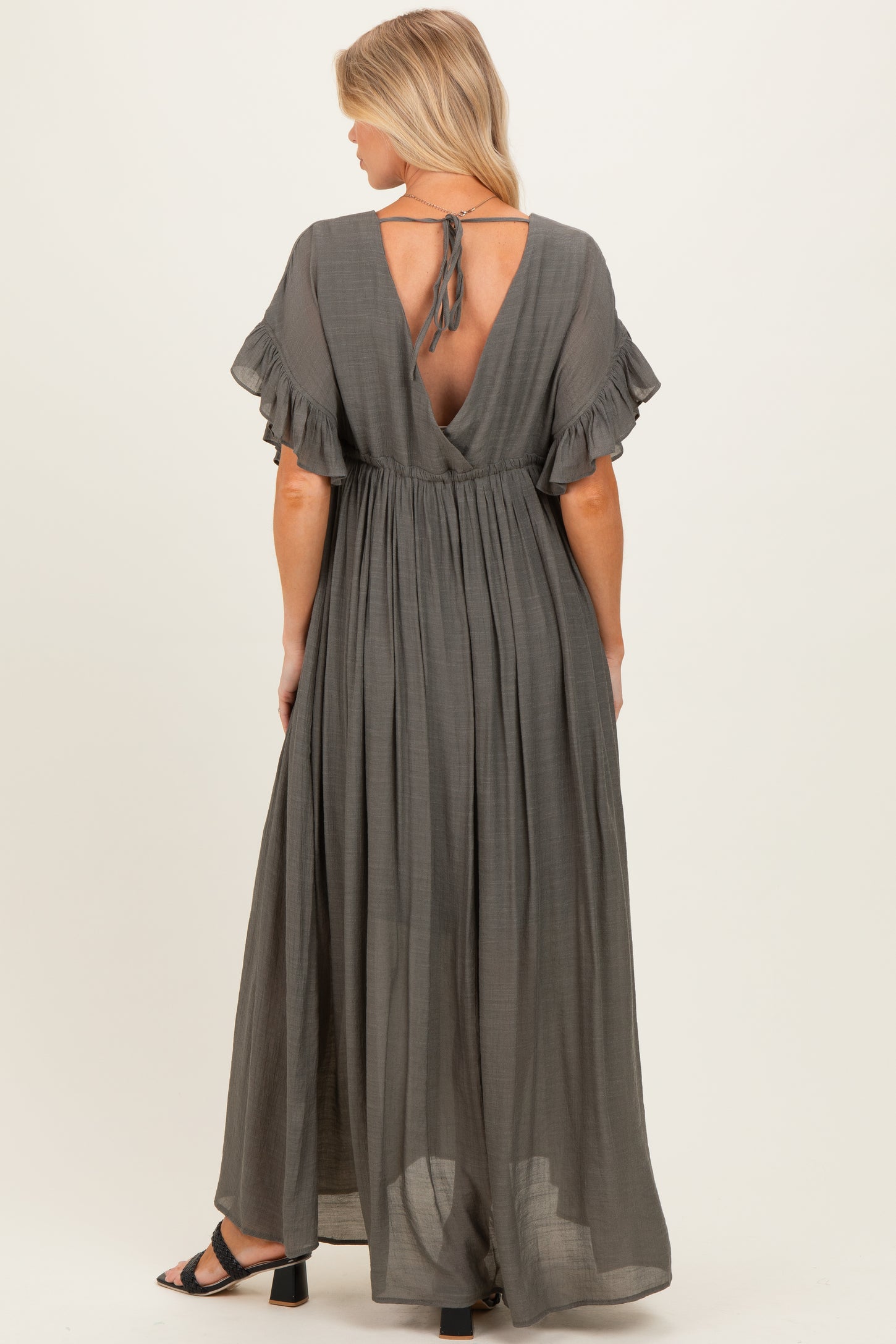 Olive Button Down Deep V-Neck Maternity Maxi Dress