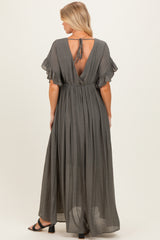 Olive Button Down Deep V-Neck Maternity Maxi Dress