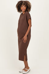 Brown Pocket Front Maternity Midi T-Shirt Dress
