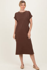Brown Pocket Front Midi T-Shirt Dress