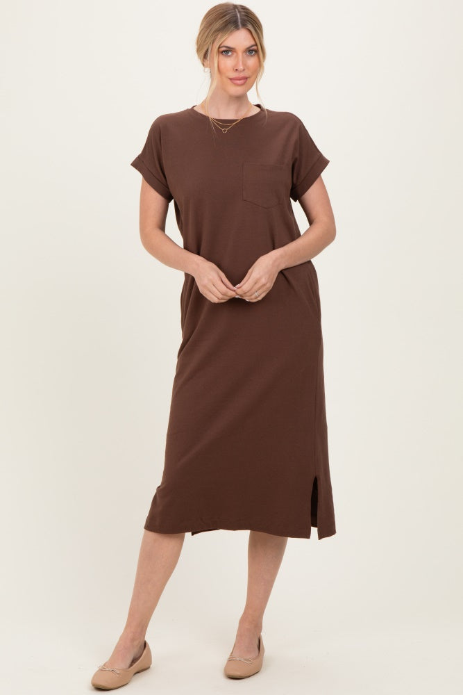 Brown Pocket Front Midi T-Shirt Dress