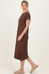 Brown Pocket Front Midi T-Shirt Dress