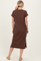 Brown Pocket Front Midi T-Shirt Dress