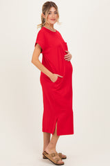 Red Pocket Front Maternity Midi T-Shirt Dress