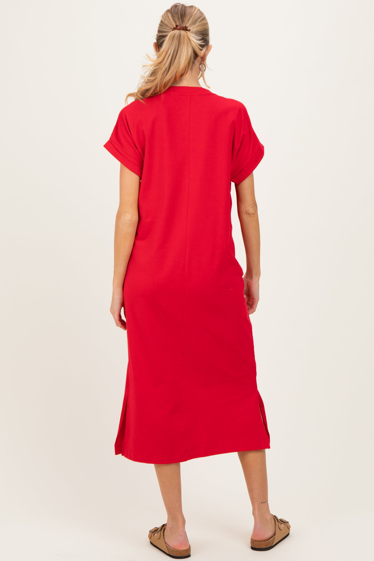 Red Pocket Front Maternity Midi T-Shirt Dress